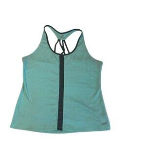 Ava Racerback Active Tank Top L Womens Turquoise & Black Striped Stretch Athleti